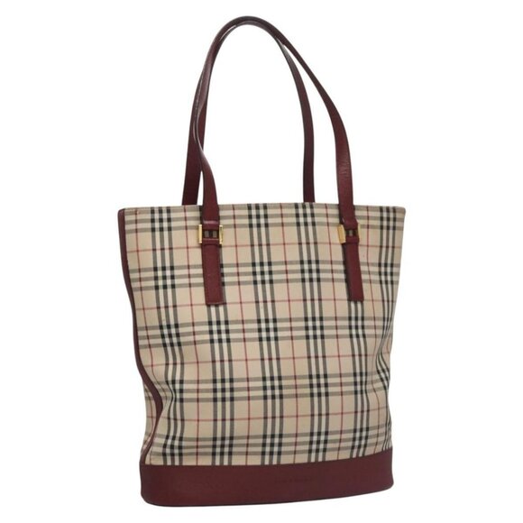 BURBERRY Nova Check Tote Bag Canvas Leather Beige Red gold Auth - Picture 1 of 16